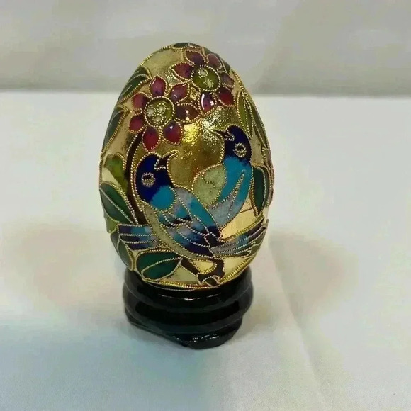 Golden Treasures‎ Cloisonne Egg Hand Crafted Copper Floral Birds Stand Box - Picture 2 of 9